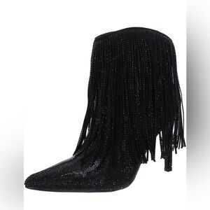 INC Black Fringe Pointed-Toe Stiletto Ankle Boot with crystals new size 5.5